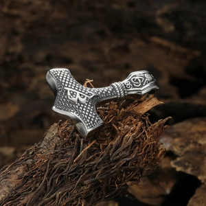 Nordic Viking Mjölnir necklace pendant in vintage silver stainless steel with rune details
