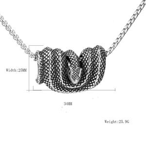 Stainless steel snake pendant necklace with detailed scales and size specifications