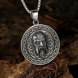 Nordic Viking warrior pendant in vintage stainless steel with an ornate round bead chain