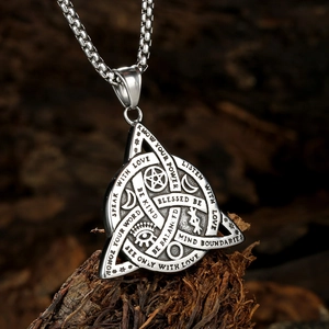 Celtic Triquetra pendant necklace in stainless steel with mystical symbols and engravings