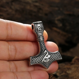 Vintage Thor's Hammer Mjolnir pendant in two-tone stainless steel with Celtic knotwork