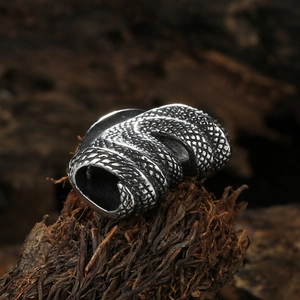 Python snake pendant necklace in stainless steel with vintage textured scale detailing