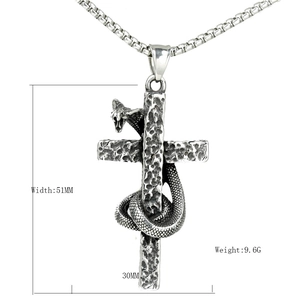 Vintage stainless steel cross necklace with snake pendant on a classic box chain