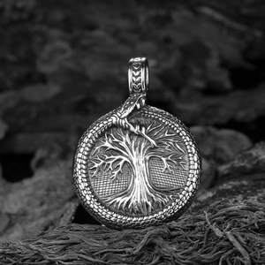 Viking Tree of Life round pendant in oxidized stainless steel for men's vintage style