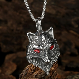 Viking Tree of Life wolf head pendant with red gemstone eyes on a round bead chain