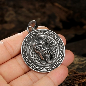 Nordic Viking warrior stainless steel pendant with Celtic knot pattern and vintage finish