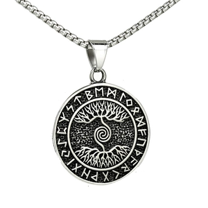 Vintage Viking Tree Of Life Runes Pendant Stainless Steel Round Celtic Compass Amulet Necklace For Men Jewelry Gift