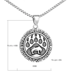 Nordic vintage Viking bear claw pendant necklace with runes and silver square chain link