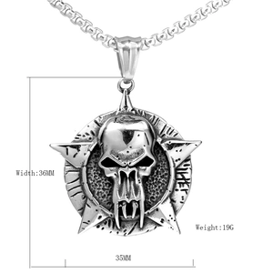 Punk style stainless steel skull pendant necklace with star base on white background