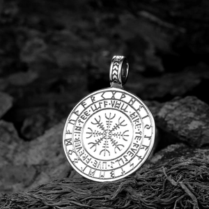 Viking Tree of Life Vegvisir pendant in vintage stainless steel on textured bark