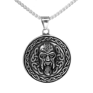 Viking Warrior Pendant Necklace Stainless Steel Nordic Pirate Mythology Celtic Knot Retro Relief Round Charm Jewelry For Men