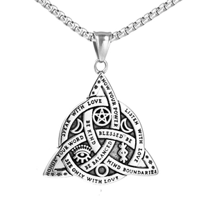 Viking Occult Celtic Trinity Knot Triangle Stainless Steel Pendant Necklace Script Mystical Rune Mystery Jewelry Unisex Spiritual Gift