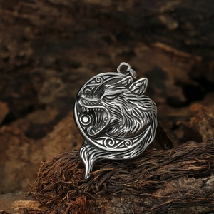 Pendentif vintage en acier inoxydable avec tête de loup, lune et nœuds vikings