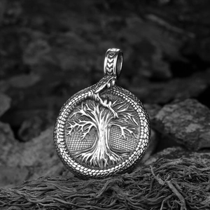 Vintage Viking Tree of Life pendant with Ouroboros symbol in rustic stainless steel