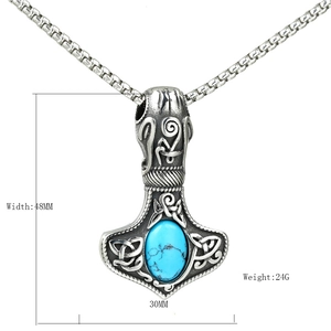 Stainless steel Mjolnir necklace with blue turquoise and Celtic knot engravings