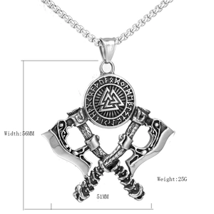 Nordic Viking double axe pendant necklace in vintage stainless steel with runic symbols