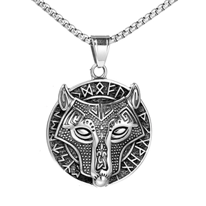 Stainless Steel Viking Wolf Head Rune Pendant Vintage Nordic Amulet Retro Gothic Jewelry For Men Boys Pendant Only