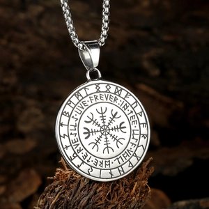 Silver Viking Vegvisir compass pendant necklace with Runic alphabet on bark backdrop