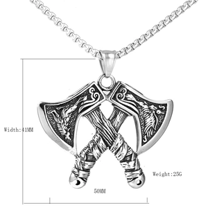 Vintage Viking double axe pendant necklace in stainless steel with Nordic wolf carvings