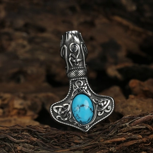 Vintage stainless steel Mjölnir necklace with blue turquoise and Celtic knot engravings