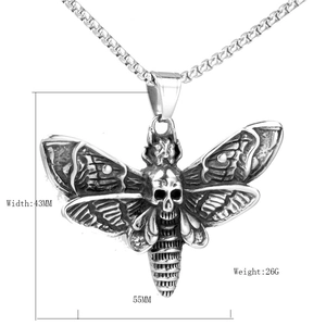 Vintage stainless steel moth skull pendant necklace with grunge wings and link chain