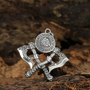 Nordic Viking double axe pendant necklace with Valknut shield and rune details in vintage silver