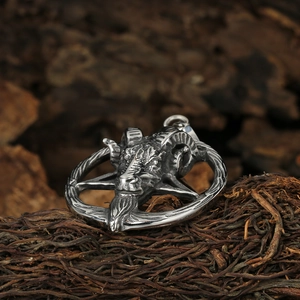 Gothic Baphomet goat head pentagram pendant in vintage stainless steel finish