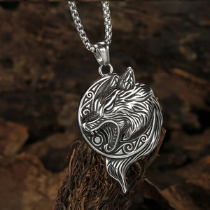 Pendentif tête de loup Viking vintage en acier inoxydable avec chaîne pour hommes