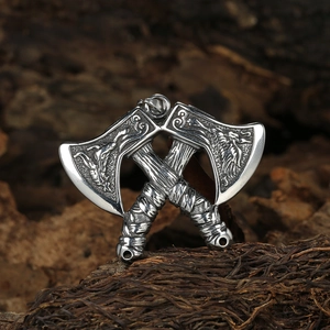 Vintage Viking double battle axe pendant necklace with wolf and eagle totem details
