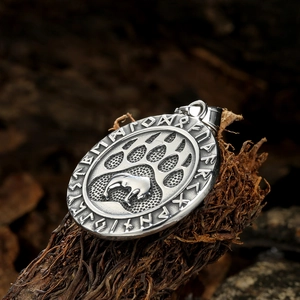 Viking grizzly bear paw pendant with Elder Futhark runes in vintage silver finish