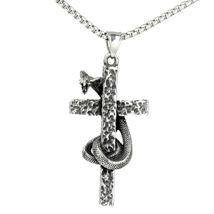 Retro stainless steel gothic cross pendant with coiled snake and vintage finish
