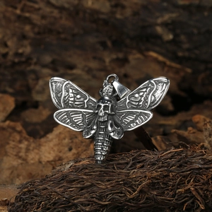 Gothic stainless steel moth skull pendant necklace with vintage oxidized finish detail