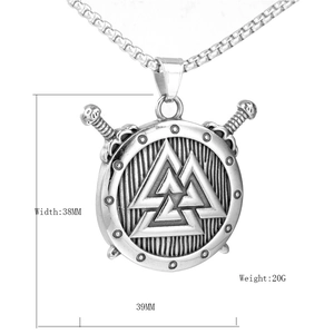 Collier pendentif bouclier Viking Valknut en acier inoxydable de 38mm et poids de 20g