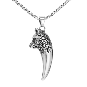 Collier Pendentif Tête de Loup en Acier Inoxydable Vintage pour Hommes Pendentif Dent d'Animal Rétro Bijoux Biker