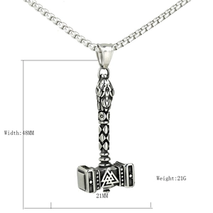 Stainless steel Mjölnir pendant necklace with Valknut symbol and size measurements