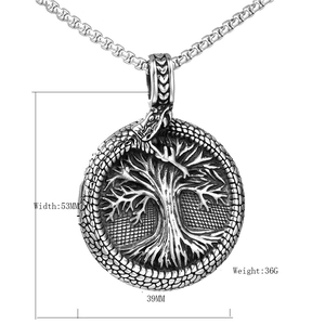 Vintage stainless steel Tree of Life pendant with Ouroboros symbol for men's jewelry