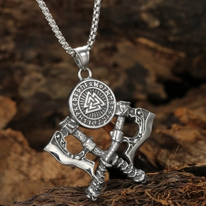 Nordic Viking double axe necklace with rune shield pendant in vintage stainless steel