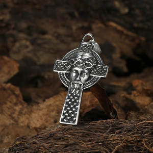Vintage stainless steel cross necklace featuring an engraved Jesus face on weathered wood
