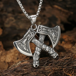 Vintage Viking double axe pendant necklace in silver stainless steel with Nordic wolf totems