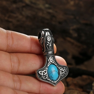 Viking Thor's Hammer Mjölnir pendant in stainless steel with blue turquoise inlay