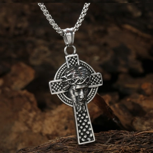 Vintage silver stainless steel Jesus cross necklace with detailed thorn crown pendant