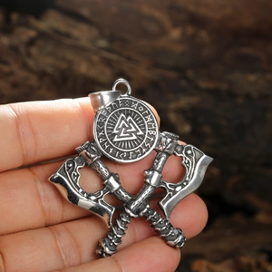 Nordic Viking double axe pendant necklace with Valknut shield and runes in retro silver finish