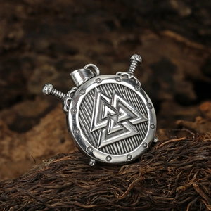 Pendentif bouclier et épées Viking en acier inoxydable avec relief Valknut vintage