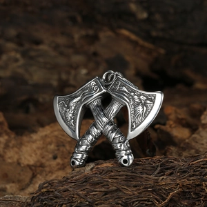 Vintage Nordic Viking double battle axe pendant in antique silver finish for men