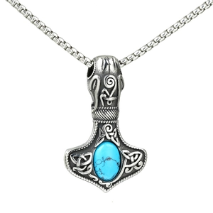 Vintage Viking Mjolnir Thor Hammer pendant with blue turquoise and box chain for men