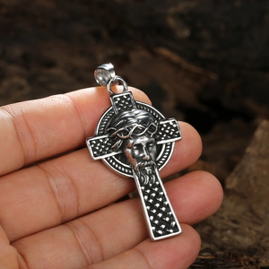 Vintage stainless steel cross necklace with Jesus relief and Celtic texture detail
