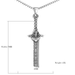 Nordic Viking sword pendant necklace with lion head relief and silver steel chain