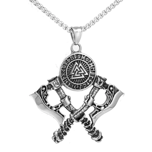 Nordic Viking Double Axe Pendant Stainless Steel Retro Runes Valknut Symbol Hip Hop Punk Jewelry For Men Pendant Only