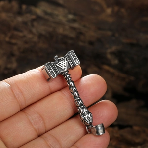 Stainless steel Mjölnir pendant necklace with Valknut symbol and viking wolf head details