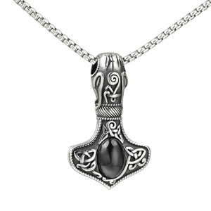 Retro Viking Thor's Hammer Mjolnir Pendant Necklace Stainless Steel Celtic Knot Rhinestone Inlay Jewelry For Men